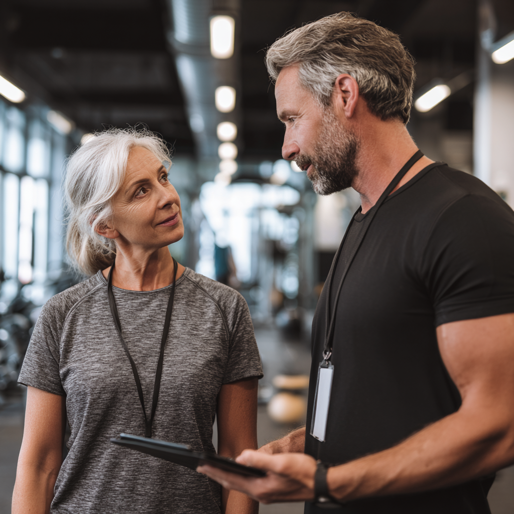 experienced fitness consultant talking with mature client in modern wellness center