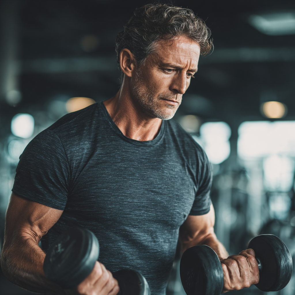 middle-aged person performing strength training exercises in modern fitness center